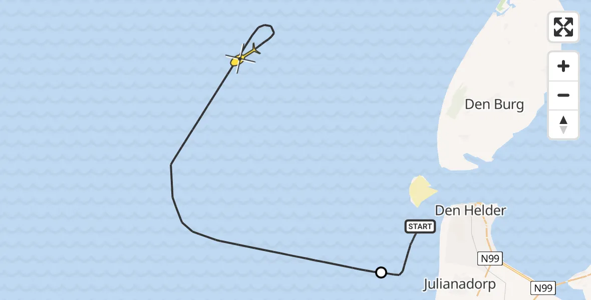 Routekaart van de vlucht: Kustwachthelikopter naar Schulpengat