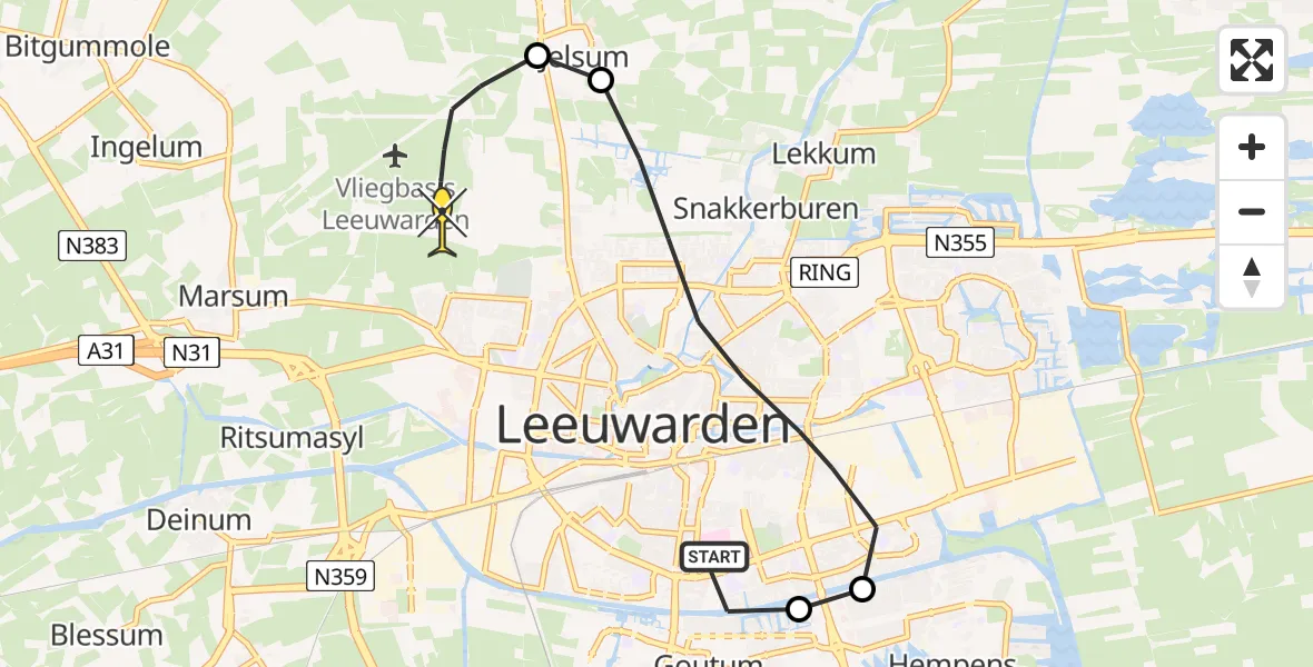Routekaart van de vlucht: Ambulanceheli naar Vliegbasis Leeuwarden, De Eker