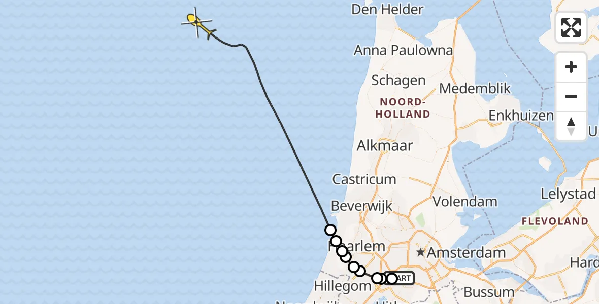 Routekaart van de vlucht: Politieheli naar Amsterdam-Bataviaweg