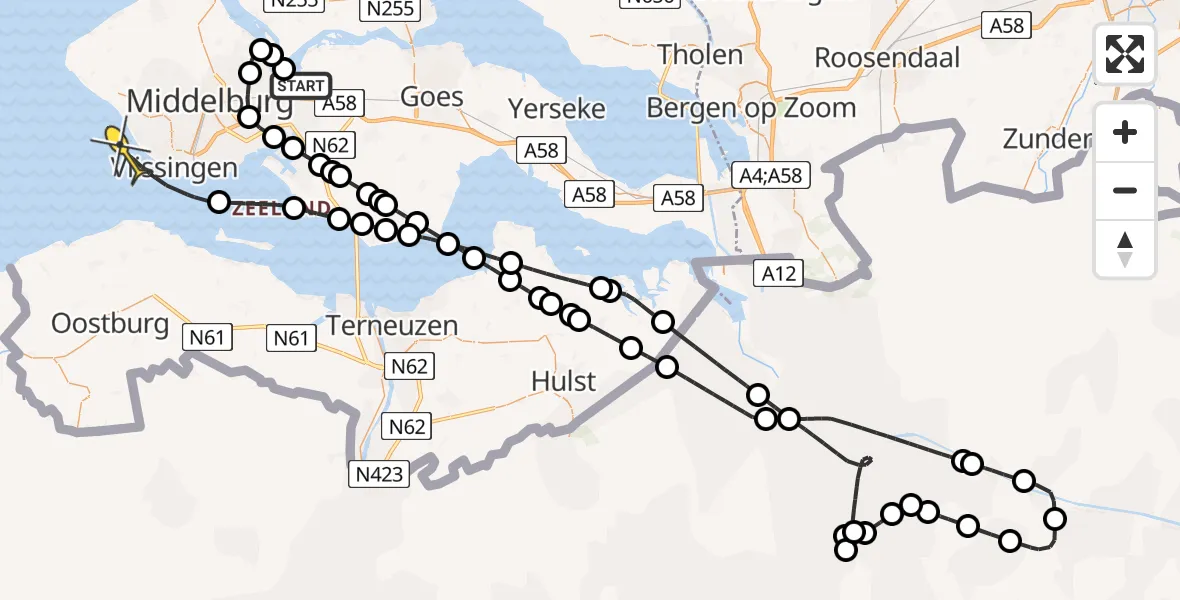 Routekaart van de vlucht: Kustwachthelikopter naar Vlissingen, Lamsoor