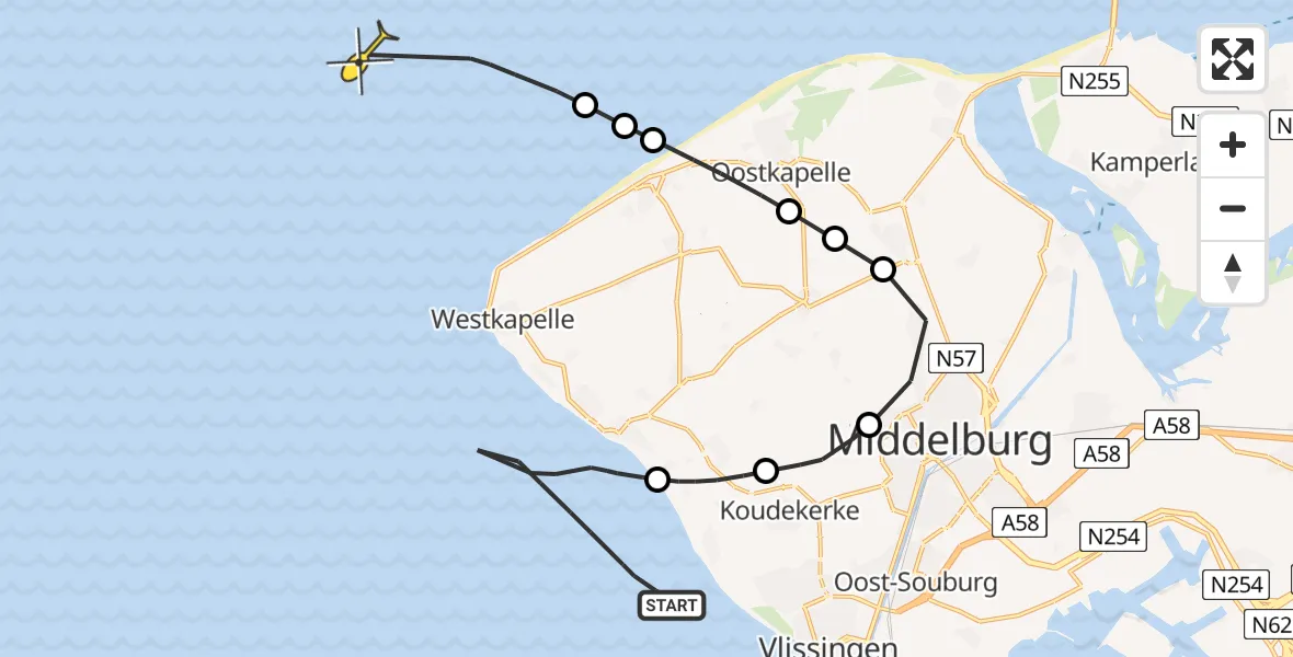 Routekaart van de vlucht: Kustwachthelikopter naar Vlissingen, Domburger Rassen