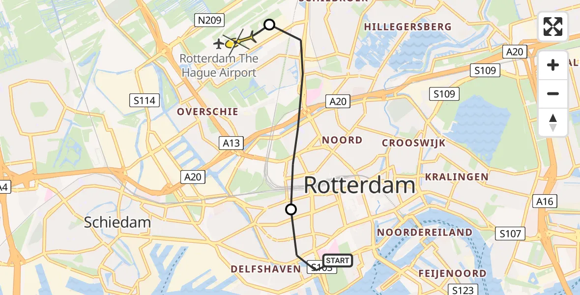 Routekaart van de vlucht: Lifeliner 2 naar Rotterdam The Hague Airport, De Vliegerstraat