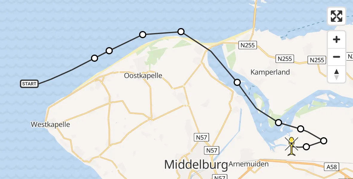 Routekaart van de vlucht: Kustwachthelikopter naar Vliegveld Midden-Zeeland, Calandweg