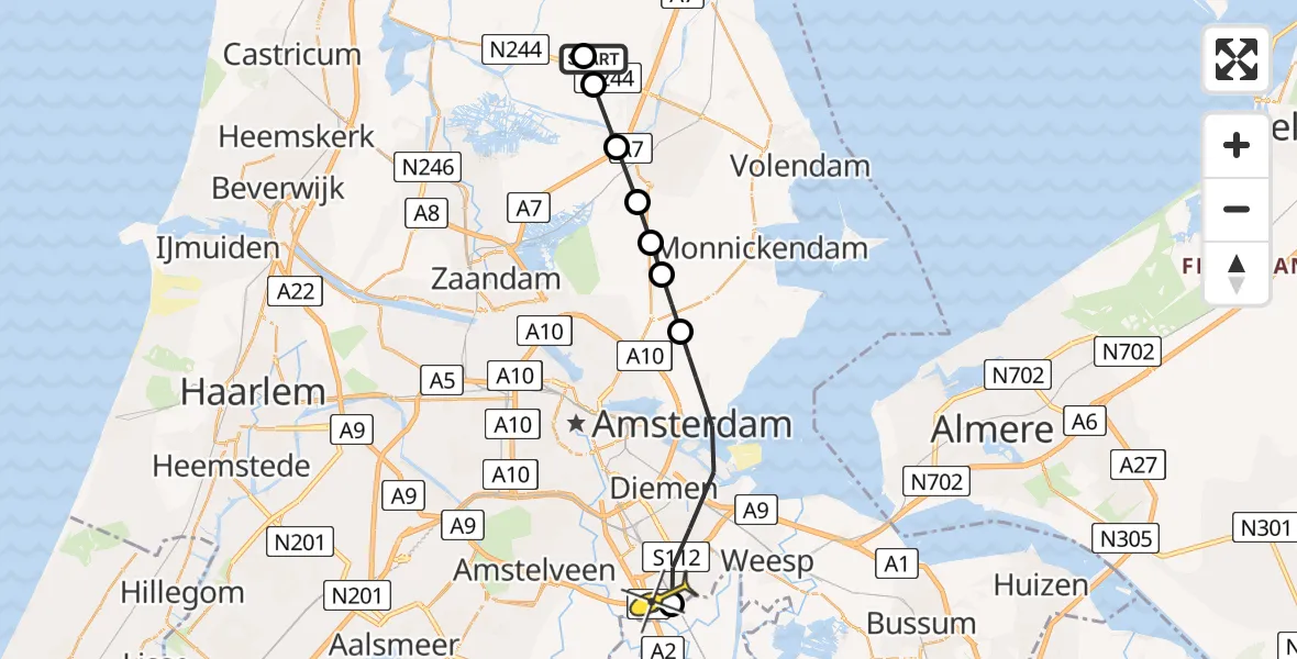 Routekaart van de vlucht: Lifeliner 1 naar Academisch Medisch Centrum (AMC), Middenweg