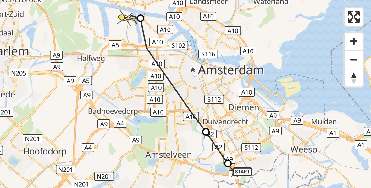 Routekaart van de vlucht: Lifeliner 1 naar Amsterdam Heliport, Hornweg
