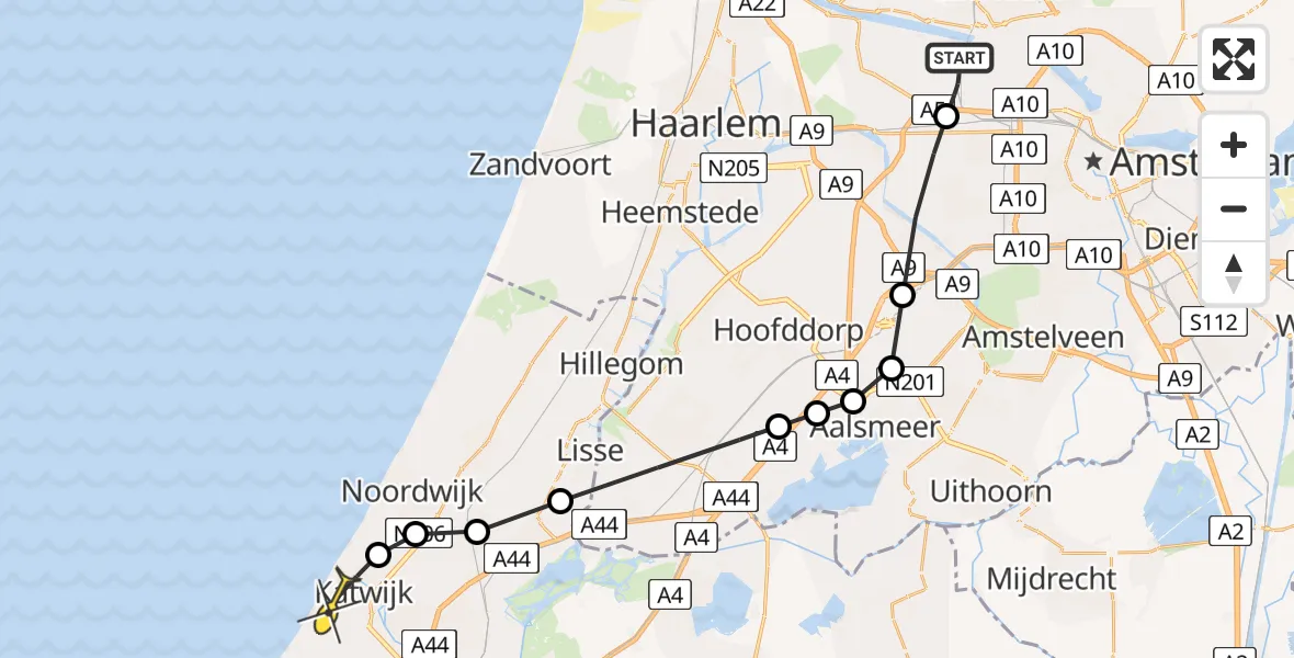 Routekaart van de vlucht: Lifeliner 1 naar Katwijk, Nieuw-Zeelandweg