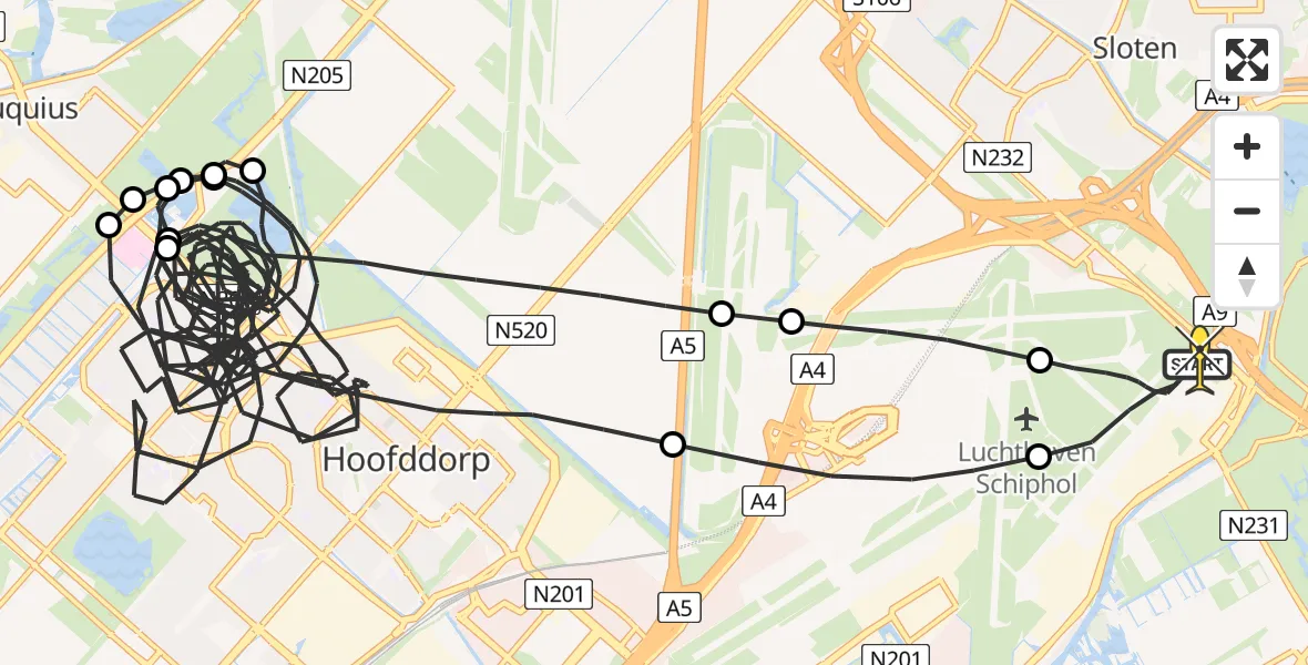 Routekaart van de vlucht: Politieheli naar Schiphol, Amsterdam-Bataviaweg