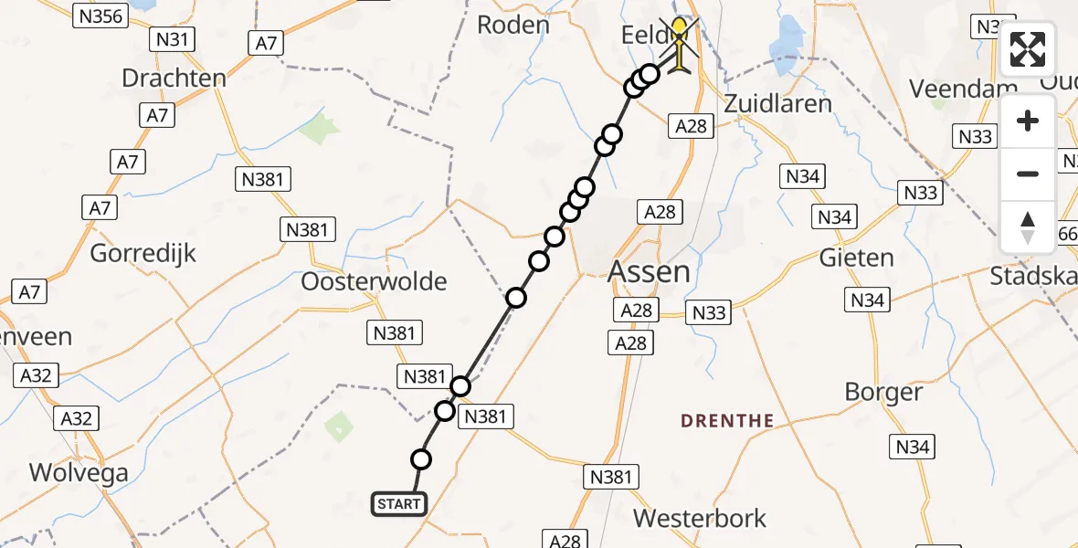 Routekaart van de vlucht: Lifeliner 4 naar Groningen Airport Eelde, Steenakkerweg