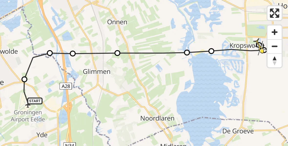 Routekaart van de vlucht: Lifeliner 4 naar Kropswolde, Burgemeester J.G. Legroweg