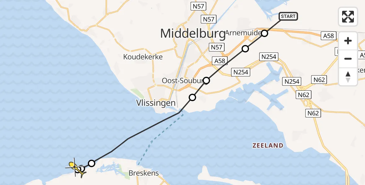 Routekaart van de vlucht: Kustwachthelikopter naar Vlissingen, Muidenweg