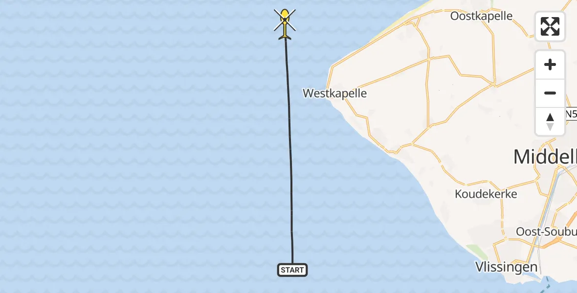 Routekaart van de vlucht: Kustwachthelikopter naar Vlissingen