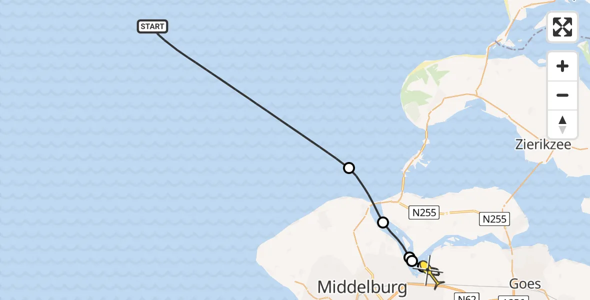 Routekaart van de vlucht: Kustwachthelikopter naar Vliegveld Midden-Zeeland, Calandweg