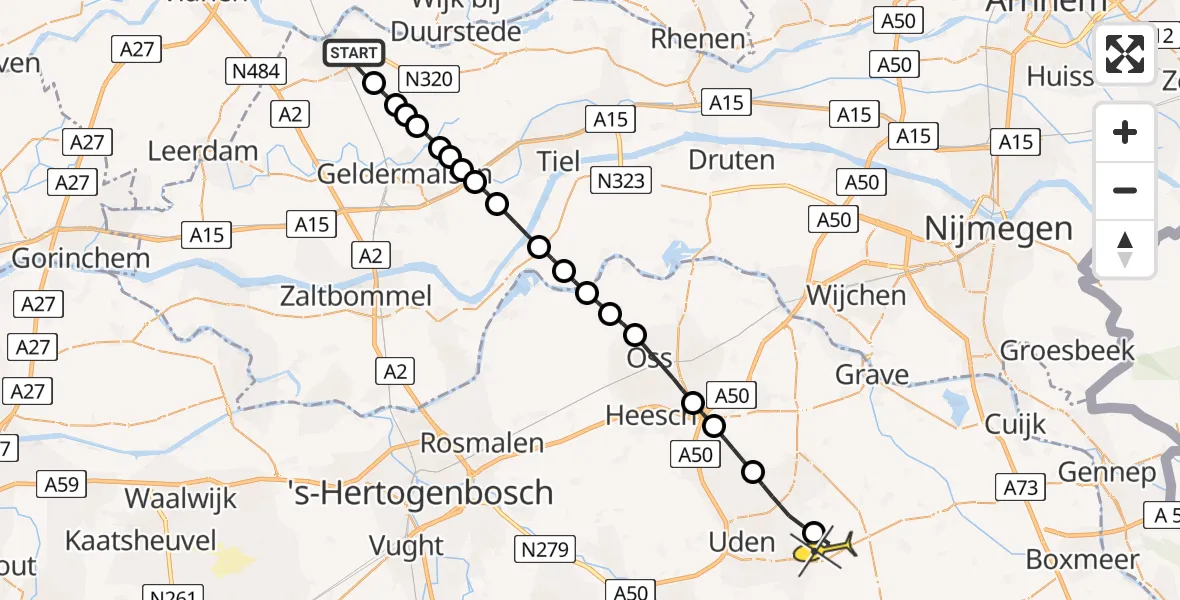 Routekaart van de vlucht: Lifeliner 3 naar Vliegbasis Volkel, Zeelandsedijk