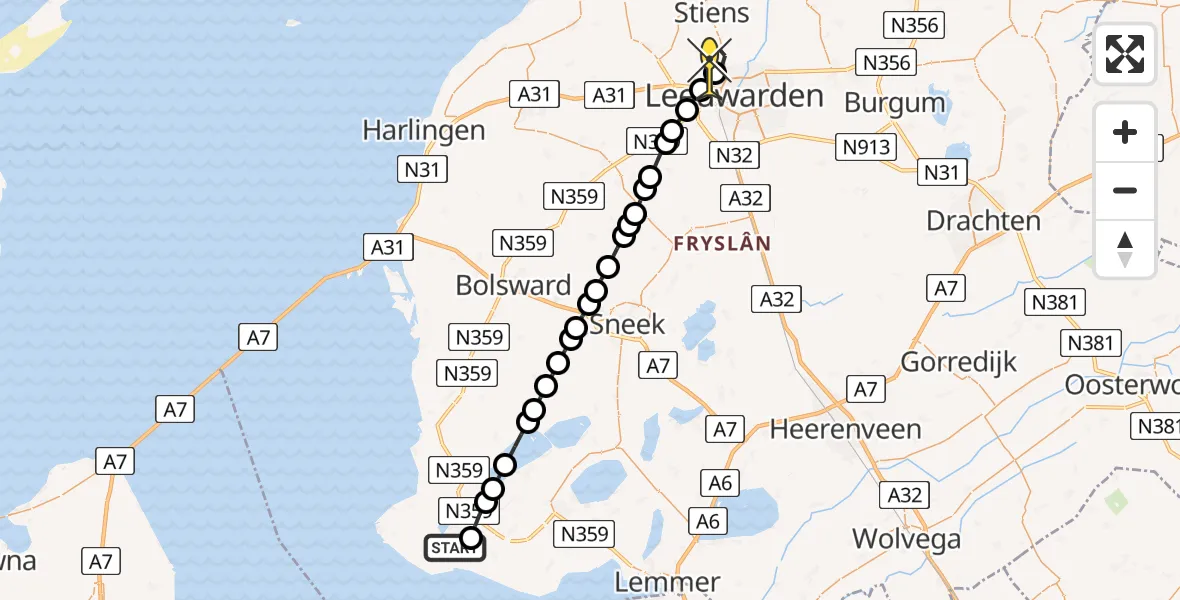 Routekaart van de vlucht: Ambulancehelikopter naar Vliegbasis Leeuwarden, Rysterdyk
