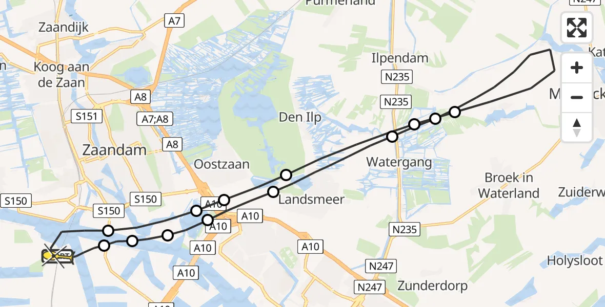 Routekaart van de vlucht: Lifeliner 1 naar Amsterdam Heliport, Belangenvereniging tuinders Zaanderhorn