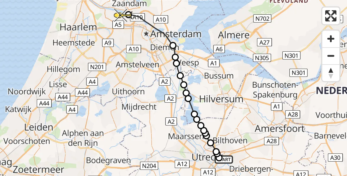 Routekaart van de vlucht: Lifeliner 1 naar Amsterdam Heliport, Cambridgelaan
