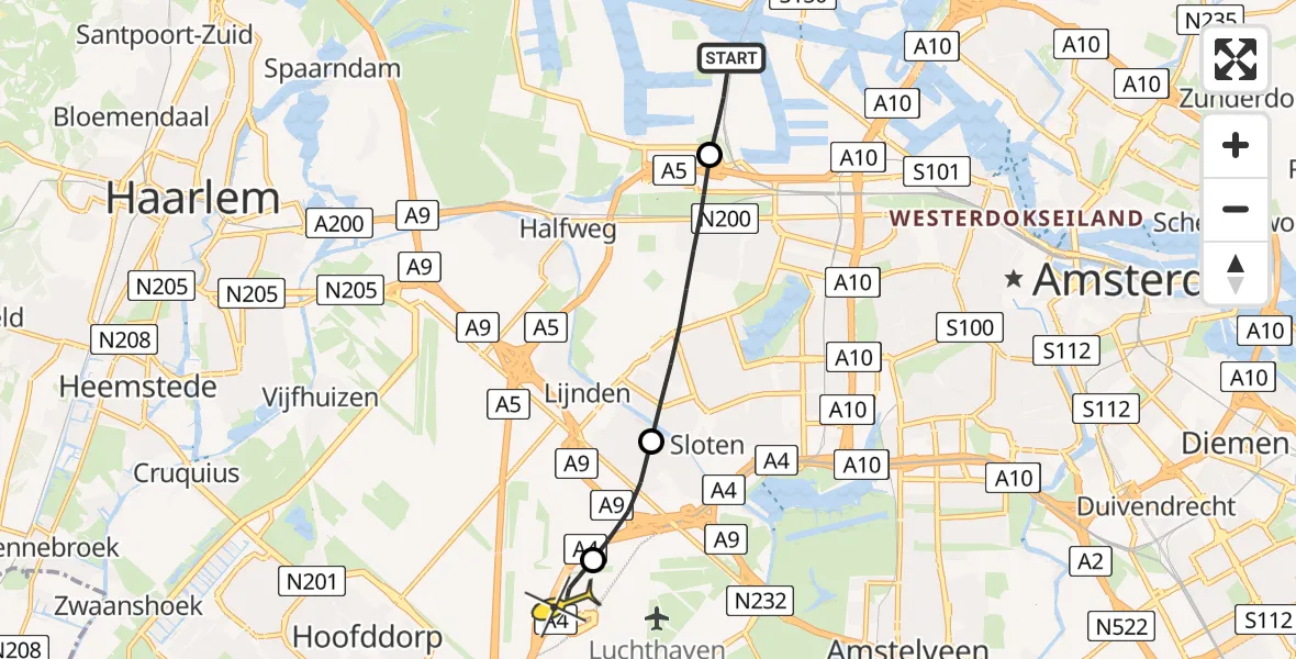 Routekaart van de vlucht: Lifeliner 1 naar Luchthaven Schiphol, Nieuw-Zeelandweg