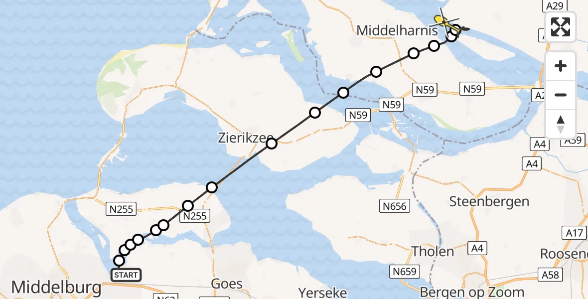 Routekaart van de vlucht: Kustwachthelikopter naar Goudswaard, Oranjeplaatweg