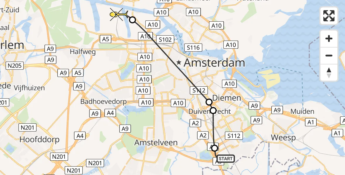 Routekaart van de vlucht: Lifeliner 1 naar Amsterdam Heliport, Schepenbergweg