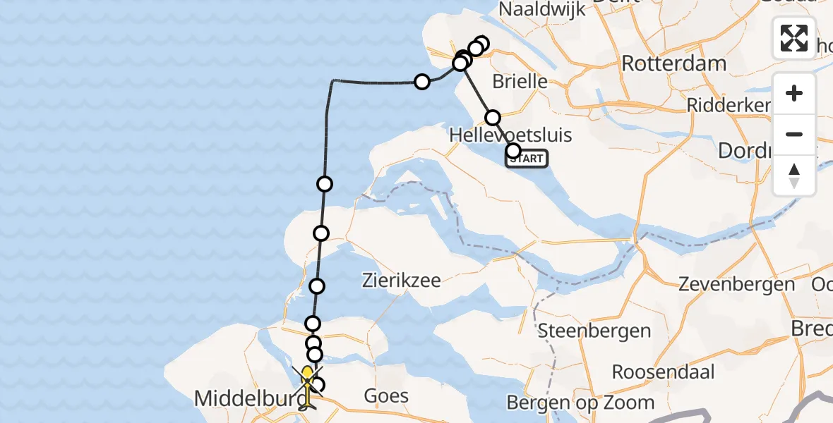Routekaart van de vlucht: Kustwachthelikopter naar Vliegveld Midden-Zeeland, Daan Monsterpad
