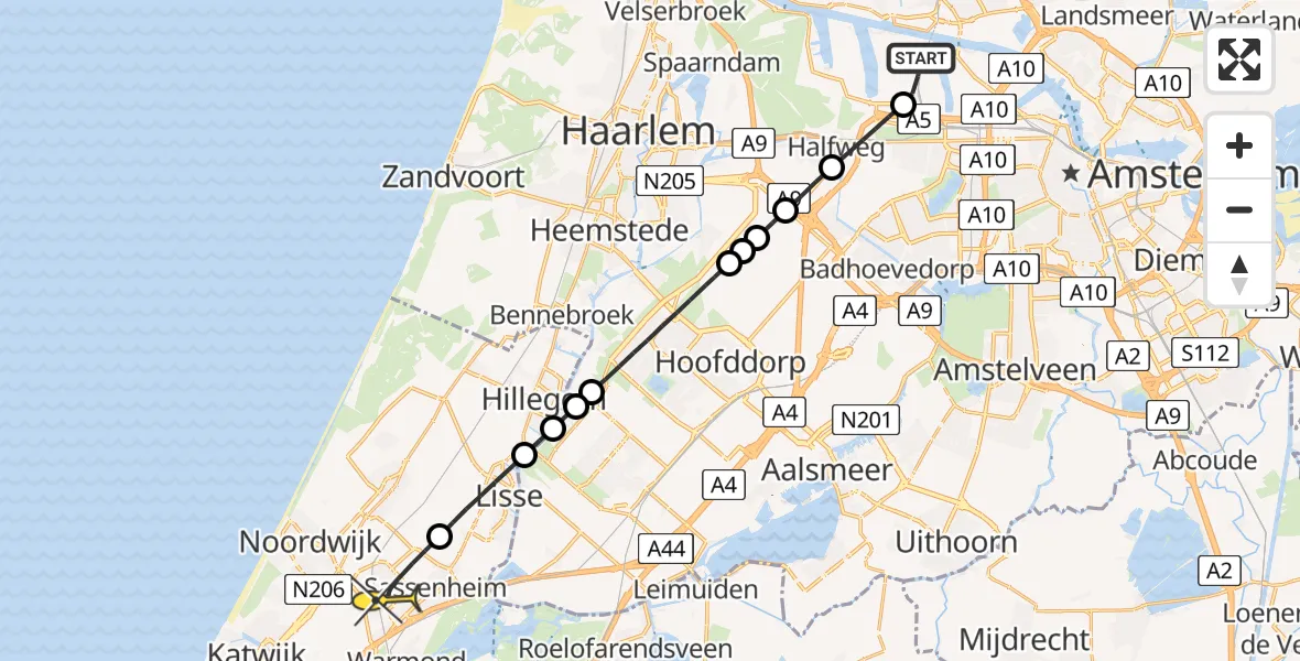 Routekaart van de vlucht: Lifeliner 1 naar Voorhout, Nieuw-Zeelandweg