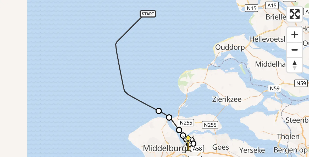 Routekaart van de vlucht: Politiehelikopter naar Vliegveld Midden-Zeeland, Calandweg