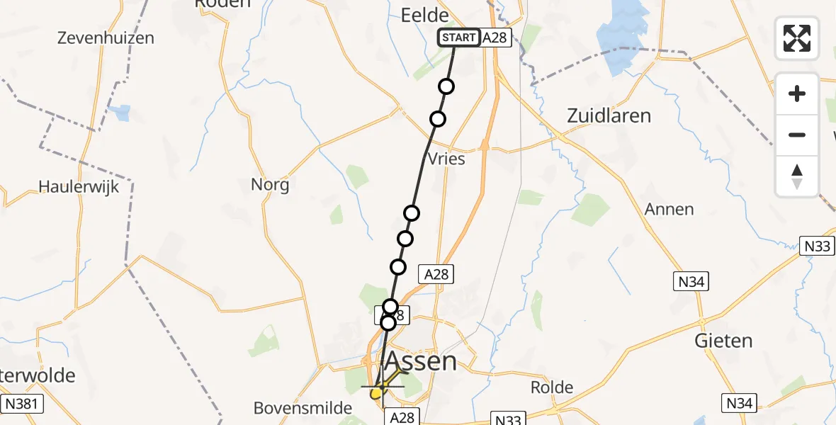 Routekaart van de vlucht: Lifeliner 4 naar Assen, Norgerweg