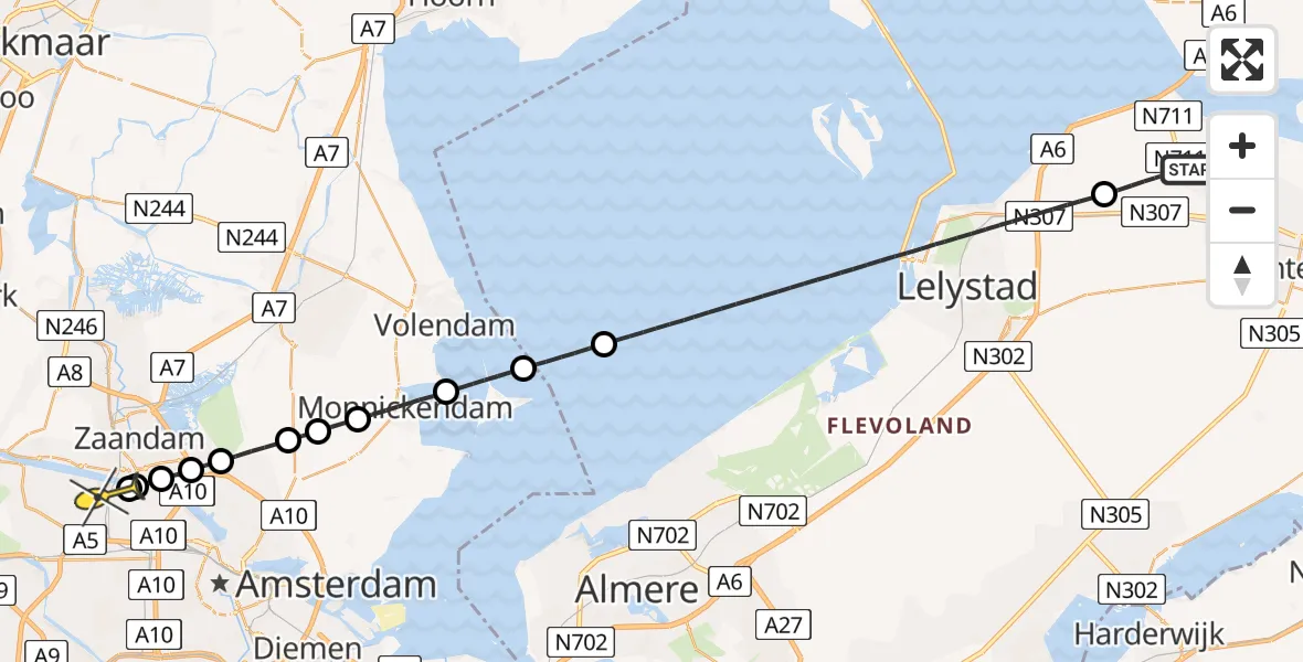 Routekaart van de vlucht: Lifeliner 1 naar Amsterdam Heliport, Tolhoren