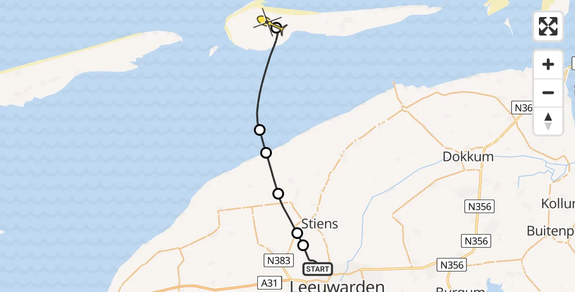 Routekaart van de vlucht: Ambulancehelikopter naar Ameland Airport Ballum, Keegsdijkje