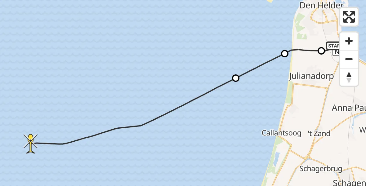 Routekaart van de vlucht: Kustwachthelikopter naar Middenvliet