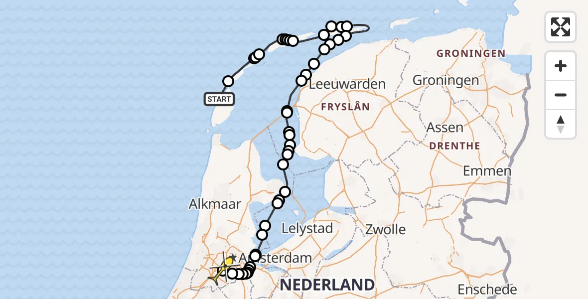 Routekaart van de vlucht: Politiehelikopter naar Schiphol, Naaktstrand Texel
