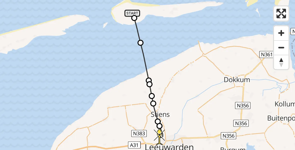 Routekaart van de vlucht: Ambulanceheli naar Vliegbasis Leeuwarden, Jelmeraweg