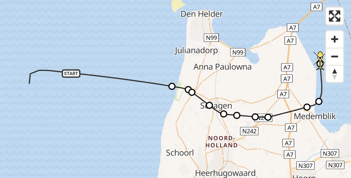 Routekaart van de vlucht: Kustwachthelikopter naar Wieringerwerf