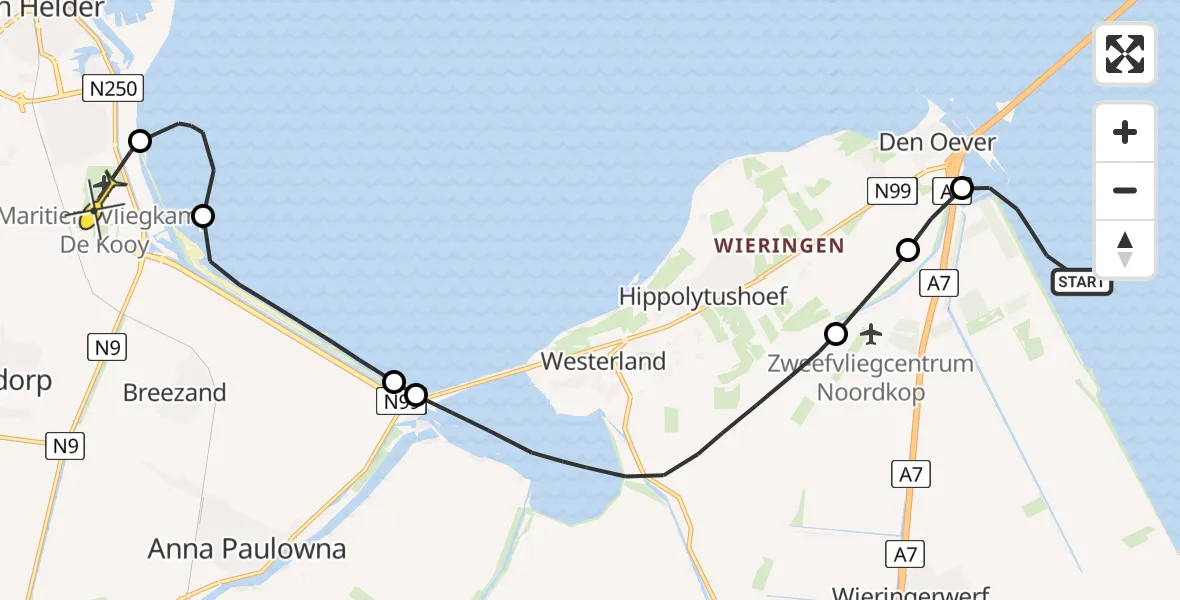 Routekaart van de vlucht: Kustwachthelikopter naar Vliegveld De Kooy, Noorderdijkweg