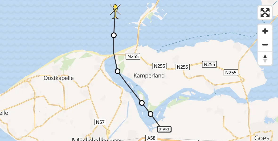 Routekaart van de vlucht: Kustwachthelikopter naar Vrouwenpolder, Oranjeplaatweg