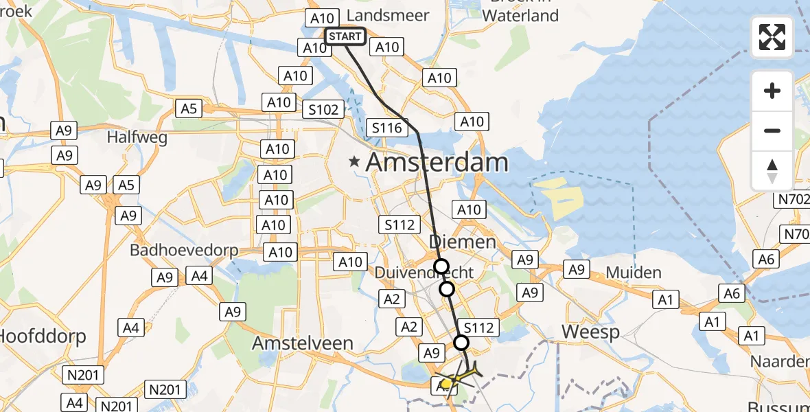 Routekaart van de vlucht: Lifeliner 1 naar Academisch Medisch Centrum (AMC), Pomonastraat
