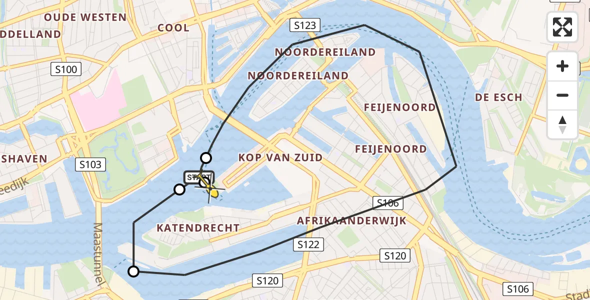 Routekaart van de vlucht: Kustwachthelikopter naar Rotterdam, 3e Katendrechtsehoofd