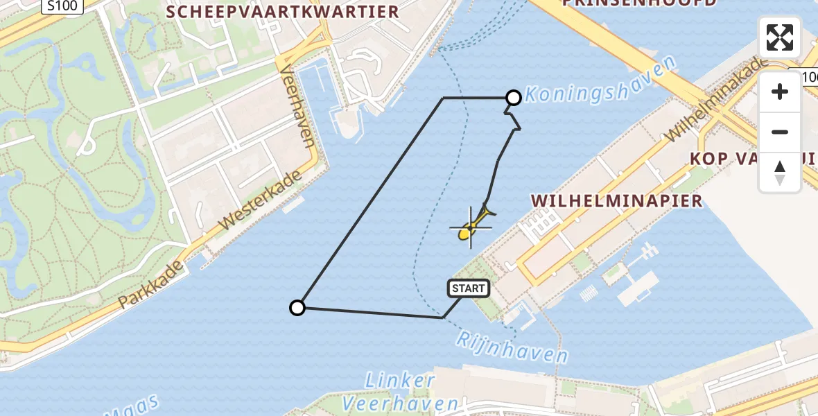 Routekaart van de vlucht: Kustwachthelikopter naar Rotterdam, Willemskade