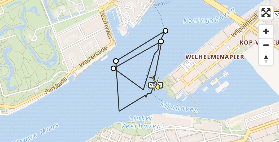 Routekaart van de vlucht: Kustwachthelikopter naar Rotterdam, Willemskade