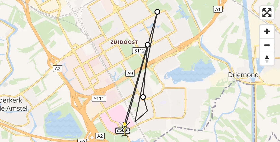 Routekaart van de vlucht: Lifeliner 1 naar Academisch Medisch Centrum (AMC), Kortvoort