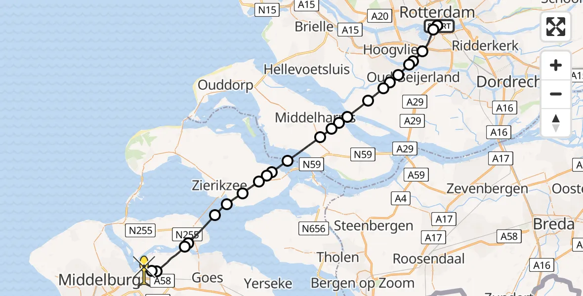 Routekaart van de vlucht: Kustwachthelikopter naar Vliegveld Midden-Zeeland, Charloisse Hoofd