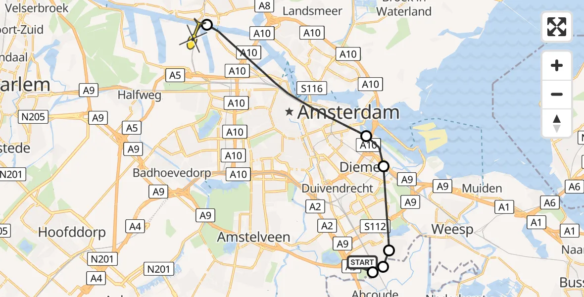 Routekaart van de vlucht: Lifeliner 1 naar Amsterdam Heliport, Hollandse Kade