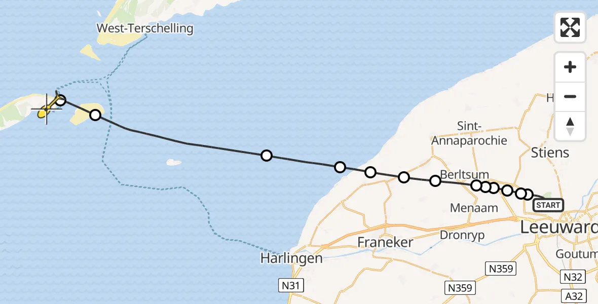 Routekaart van de vlucht: Ambulancehelikopter naar Vlieland Heliport, Keegsdijkje