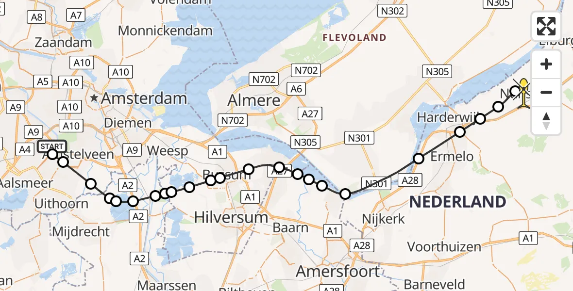 Routekaart van de vlucht: Politiehelikopter naar Nunspeet, Van Weerden-Poelmanweg