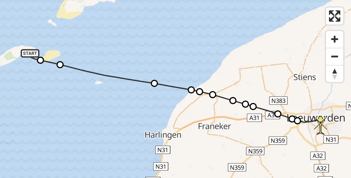 Routekaart van de vlucht: Ambulancehelikopter naar Leeuwarden, Haven Vlieland