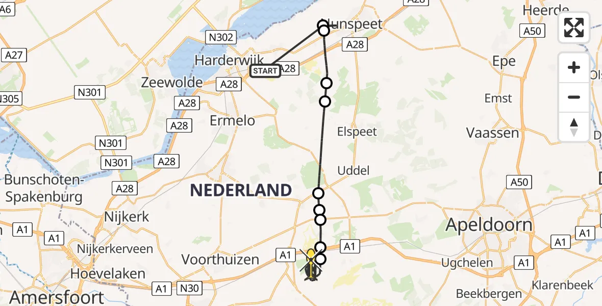 Routekaart van de vlucht: Politiehelikopter naar Kootwijk, Rijnvis