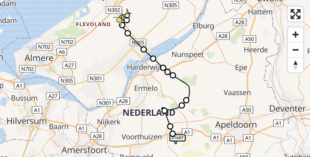Routekaart van de vlucht: Politiehelikopter naar Lelystad Airport, Bosbergerweg
