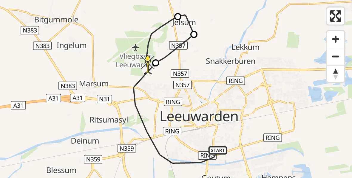 Routekaart van de vlucht: Ambulancehelikopter naar Vliegbasis Leeuwarden, Nijlânsdyk