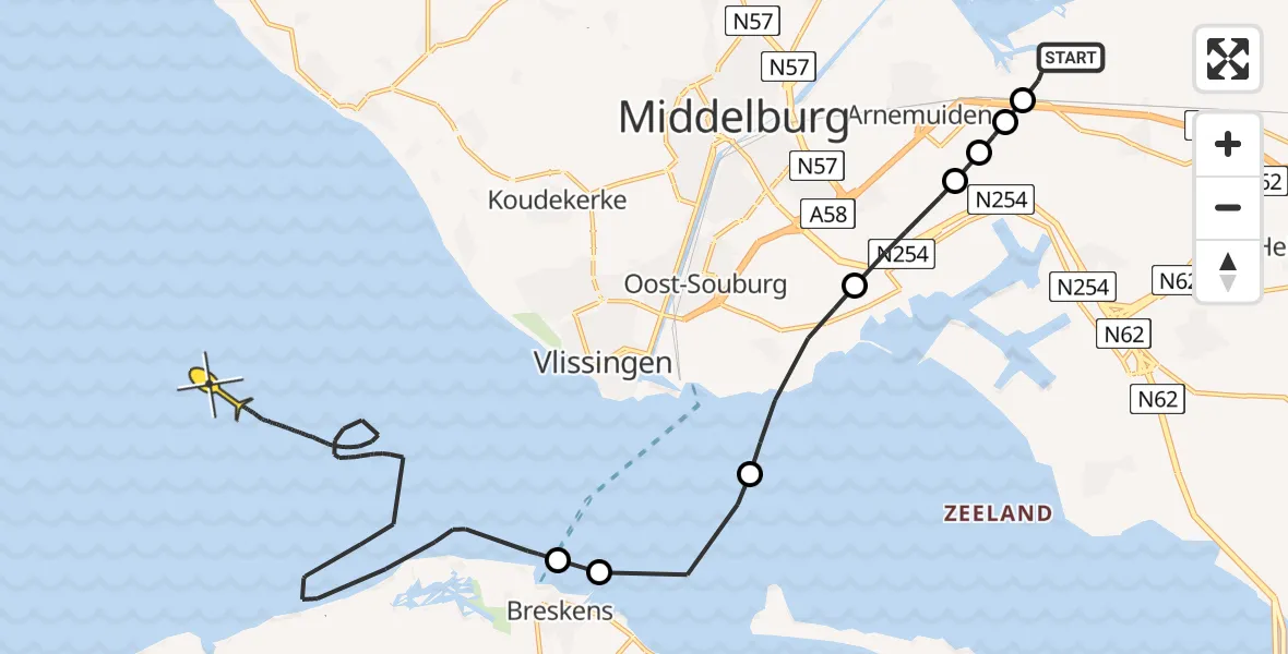 Routekaart van de vlucht: Kustwachthelikopter naar Vlissingen, Muidenweg