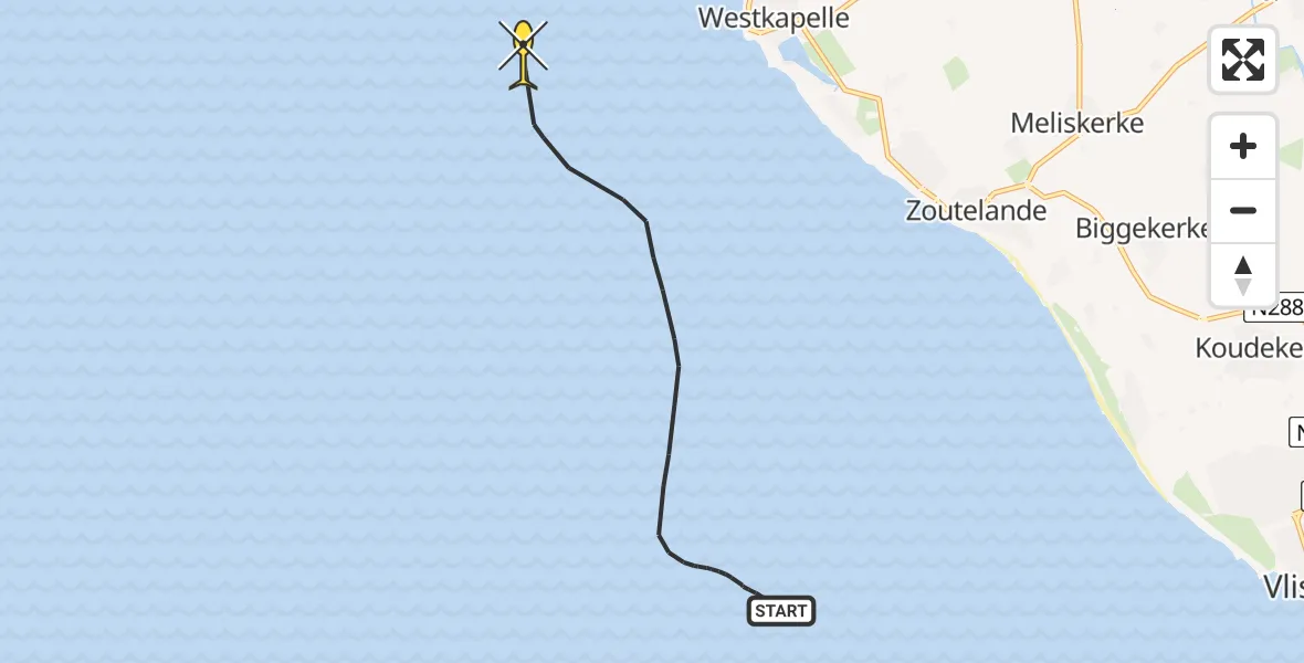 Routekaart van de vlucht: Kustwachthelikopter naar Vlissingen